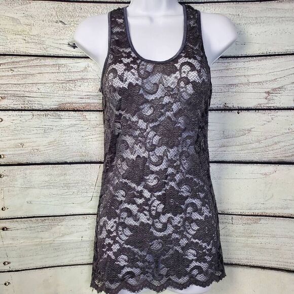 BKE Black Lace Overlay Tank Top M Floral Sheer Sleeveless Made in Canada - Picture 1 of 5